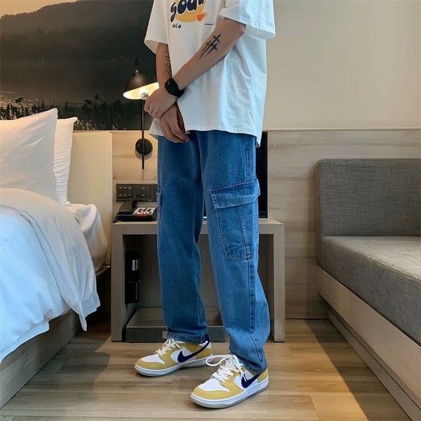 

men's jeans blue wide-leg fashion harajuku pocket men streetwear loose hip-hop straight-leg denim trousers mens s-2xl bgoe