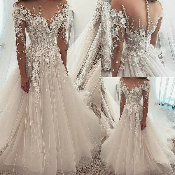 

long sleeves wedding dresses bridal gown a line jewel sheer neck 3d floral lace applique tulle sweep train beach country covered buttons bac, White