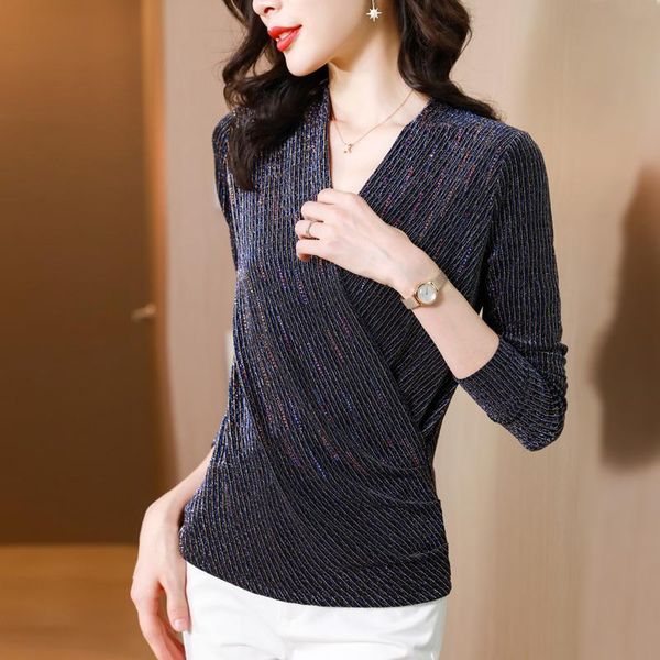 

women's blouses & shirts blouse women autumn 2021 office lady korea style patchwork long sleeve solid lurex v-neck blusas womens and, White