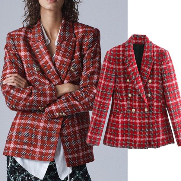 

withered england style vintage plaid double breasted tweed party casual blazer women blazer mujer 2021 women blazers and jackets, White;black