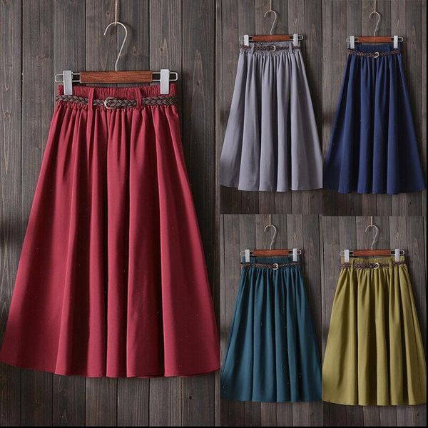

new fashion style women elegant summer winter solid skirt vintage boho drape stretch high waist a line belt skirt, Black