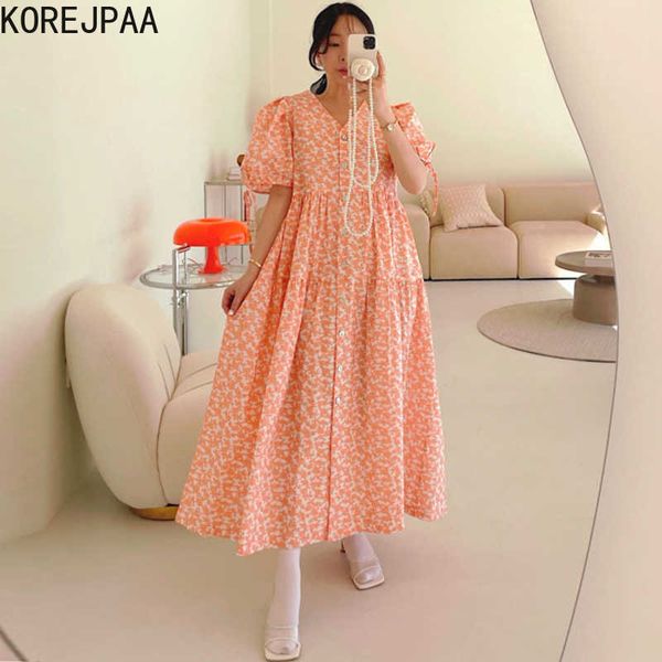 

korejpaa women dress summer korean chic ladies gentle sweet v-neck floral single-breasted lace-up puff sleeve vestidos 210526, Black;gray