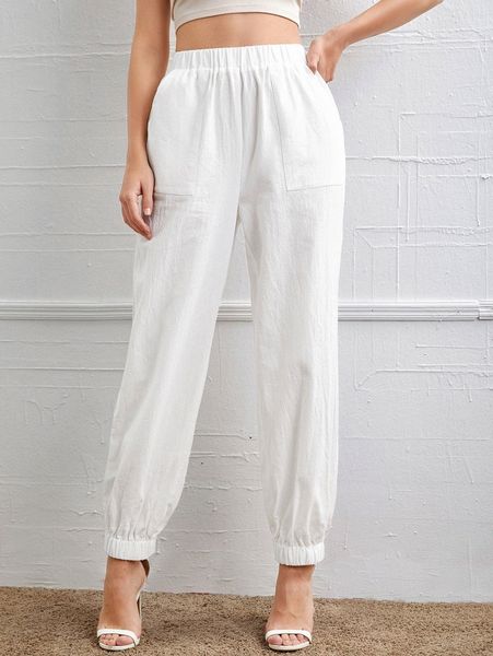 

elastic waist slant pocket tapered pants h3z6#, Black;white