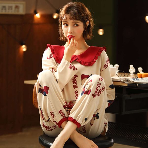 

pajamas women spring and cotton long sleeve cute korean sweet suit summer autumn winter princess style leisure home wear, Black;red