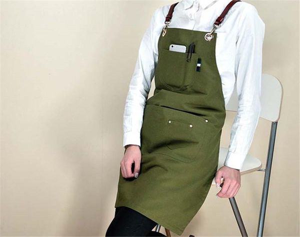 

aprons double canvas work apron leather cross strap barista kitchen bakery