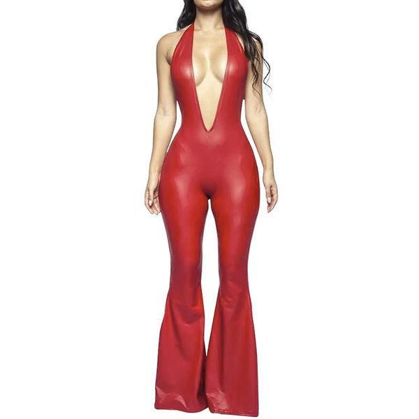 

women's jumpsuits & rompers women deep v neck jumpsuit pu leather solid slim overalls for playsuit, Black;white