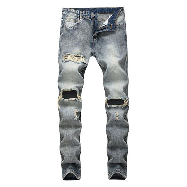 

men's jeans fashionable knee hole straight denim men brand motorcycle cotton pants elastic destruction tear design pant, Blue