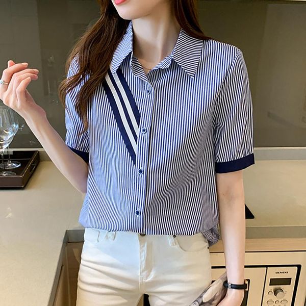 

women's blouses & shirts striped shirt women blouse woman casual korean fashion short sleeve 2021 turn-down collar summer chemisier fe, White