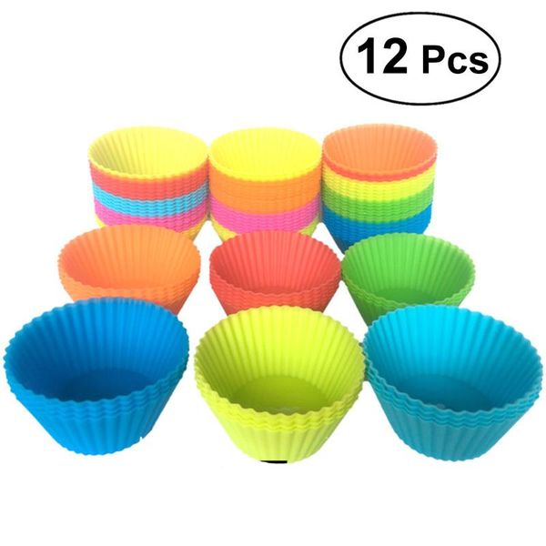 

cake tools 12pcs 7cm silicone round reusable baking molds jelly mould cupcake maker muffin cup kitchen aid accessories (random color)