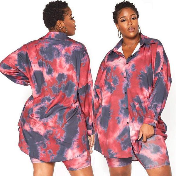 

plus size tracksuits 2 piece set women long sleeve shirt loose tie dye spring outfit elastic biker shorts tracksuit wholesale drop, Black