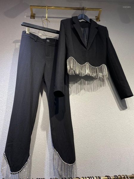 

women's two piece pants sets for women suit collar rhinestone tassel hem short blazer + trousers suits lady outfits, White