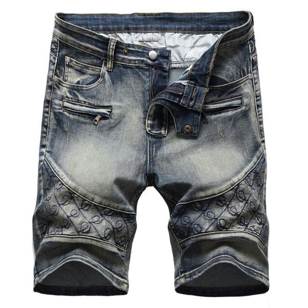 

men's jeans embroidery biker shorts summer stretch denim slim fit knee length breeches, Blue