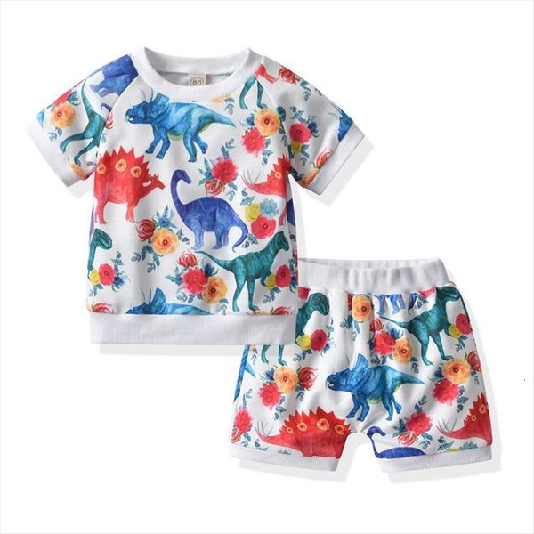 

korean baby boys summer shorts set children print dino t shirts 2pcs casual cartoon clothes, White