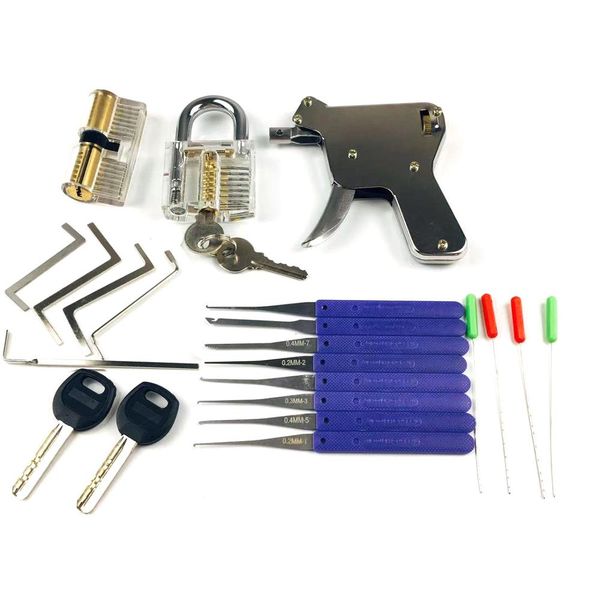 

2pcs transparent lock with lock tool gun12pcs broken key remove picking tool tension toollocksmith tools practice pickset
