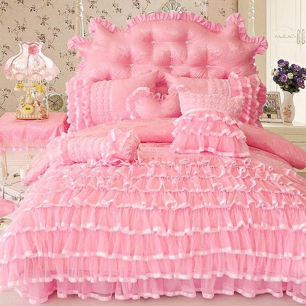 

bedding sets luxury european wedding pink beige white 100% cotton princess girl lace set jacquard duvet cover bed pillowcases skirt