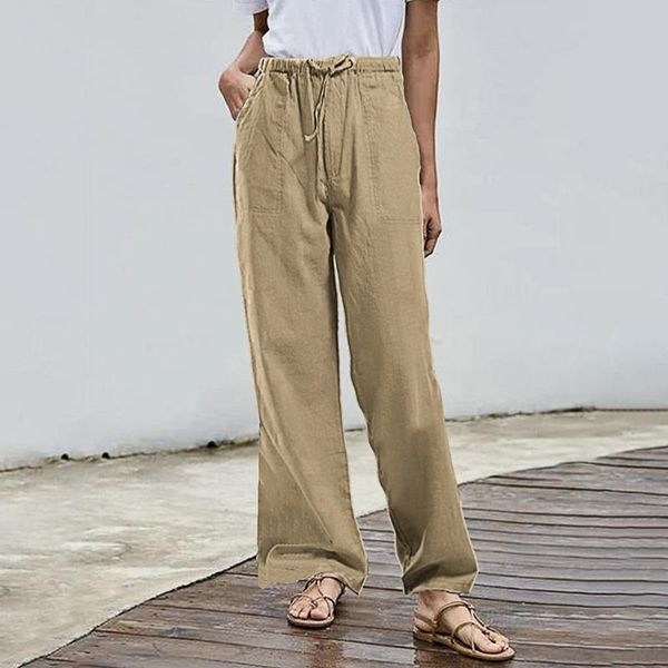 

women's pants & capris women trousers solid color elastic waist casual all-match trouser loose 2021 pockets simple female wide leg, Black;white