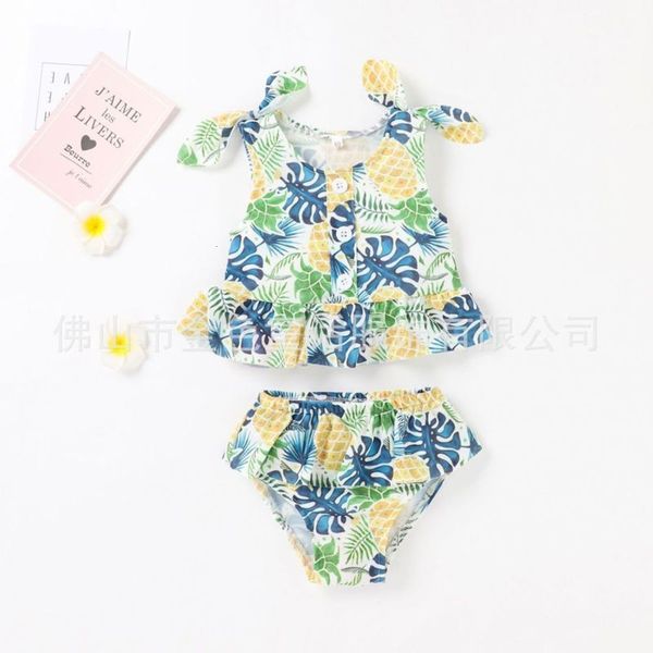 

baby children's 2021 girls summer pineapple leaf printed suspender swimsuit two piece set, White