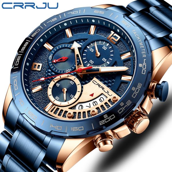 

mens watches crrju fashion stainless steel business watch luxury luminous waterproof chronograph quartz watch relogio masculinog, Slivery;brown