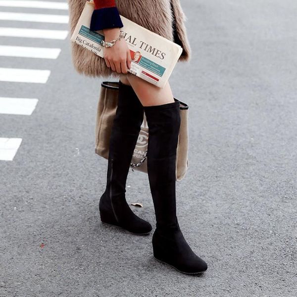 

boots oversized suede round head inside raised side zipper short plush long tube high heel fashion, Black