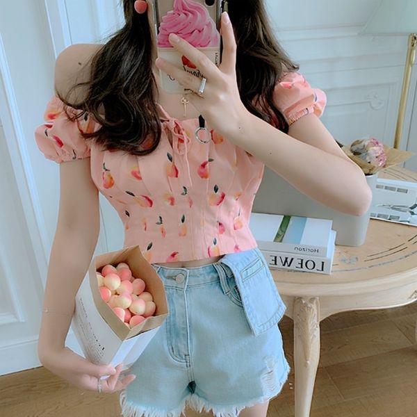 

2021 new summer chiffon short pink sleeve print sweet women korean japan style kawaii french elegant blouse jon7 3aki, White