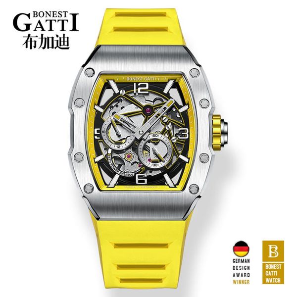 

wristwatches men automatic watches mechanical watch red sapphire crystal 50m waterproof classic fashion rubber clock gatti, Slivery;brown