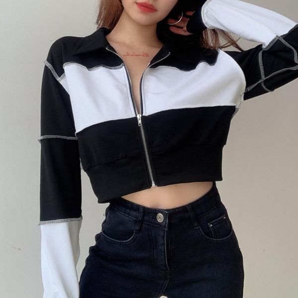 

women's jackets black white patchwork striped edge cropped autumn short 2021 harajuku long sleeve coat female streetwear outfits, Black;brown