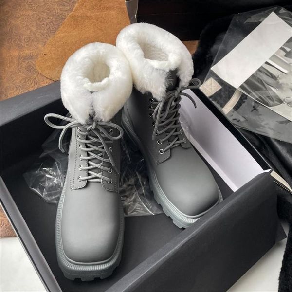 

boots pxelena 2021 wool fur snow women genuine leather lace up chunky med heels winter warm shoes office lady daily, Black