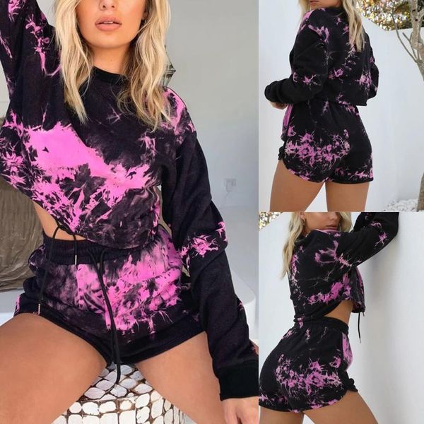 

women's shorts fashion 2pcs womens jogger casual printing tracksuit sweatshirt + sets sport wear autumn tie-dye long-sleeved set, White;black