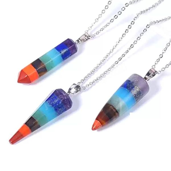 

natural crystal stone 7 chakra pendant necklaces colorful hexagon cone energy for charms women jewelry making diy necklace, Silver