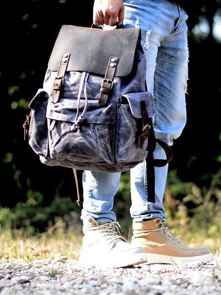 

backpack canvas bag with leather male high-capacity package