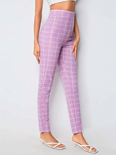 

tall high waist plaid graphic skinny pants m56j#, Black;white