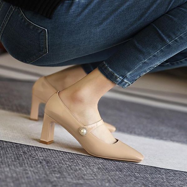 

ochanmeb shiny gloss high heels mary janes shoes for women big oversize 46 47 48 black nude red office party wedding bride pumps