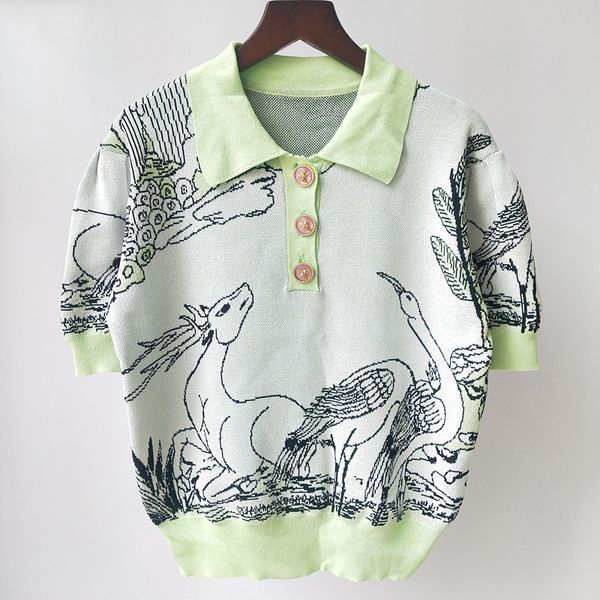 

59% off factory outlet store spring and summer lapel fawn jacquard age reducing slim knit short sleeve top, White;black