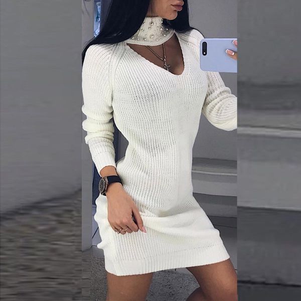 

2021 new women hollow out turtleneck pearl mini autumn slim bodycon knitted solid wrap hip sheath pencil lh0y, Black;gray