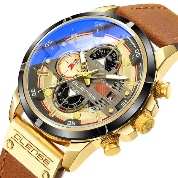 

wristwatches 2021 brand olense men watches fashion sport leather watch mens luxury date waterproof quartz chronograph, Slivery;brown