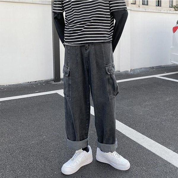 

men's jeans selling tooling fashion brand loose straight large pocket wide leg casual pants, Blue