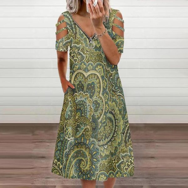 

casual dresses women summer fashion print v-neck short sleeve dress ladies hollow out zipper party dating, Black;gray