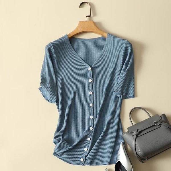 

women's t-shirt solid knitted women t-shirts summer design 2021 v-neck button short-sleeved slim elastic lady pulls outwears tees, White