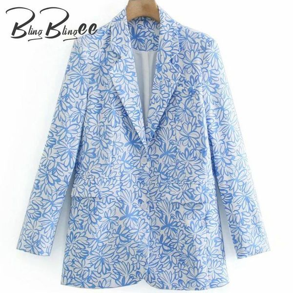 

women's suits & blazers blingblingee blue floral print women casual loose 2021 autumn fashion notched collar single breasted female sui, White;black