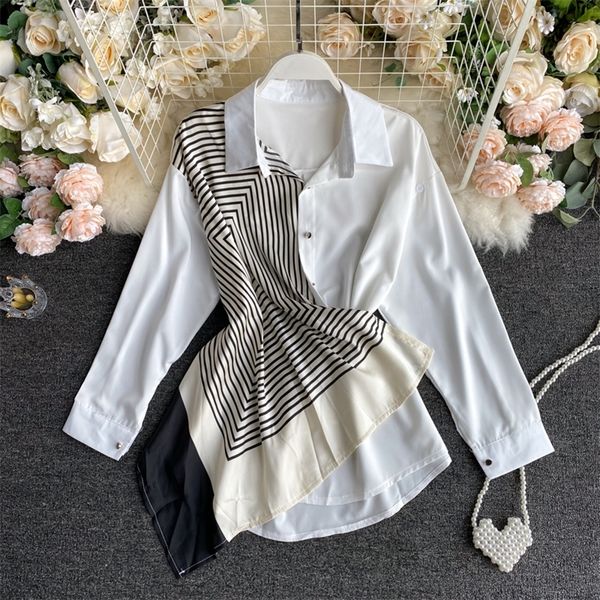 

new women blouse white collar ladies irregular stitching color contrast long sleeves urban shirt female casual long 210302