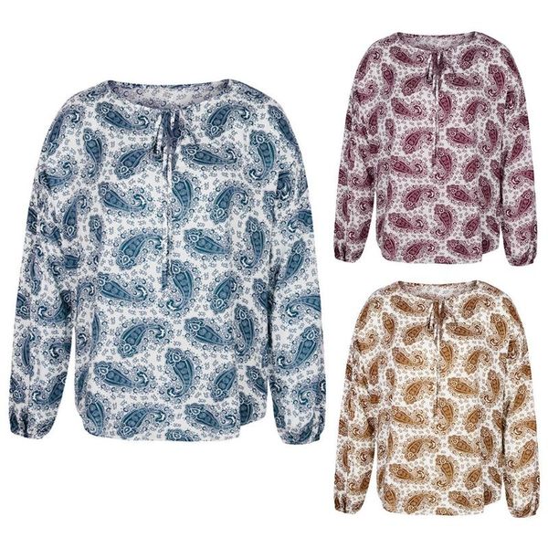 

women's blouses & shirts 2021 spring and summer bohemian holiday style thin long-sleeved retro lace-up print m6cd, White