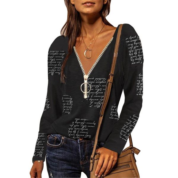 

women's blouses & shirts 2021 autumn fashion zipper printing letters casual blouse t-shirt long sleeve pullover v neck blusa, White