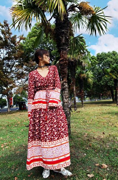 

New Women Bohemian Open button V neck Floral Print Dress Holiday Bow Tide Sashes Single-breasted Maxi Long Dresses Beach, Red