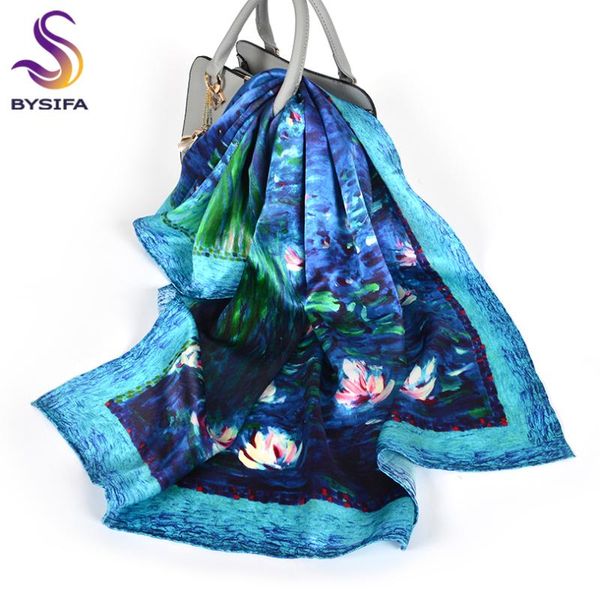 

scarves [bysifa] women silk scarf shawl fall winter blue neck oil painting lotus pond design 100% square scarves88*88cm, Blue;gray