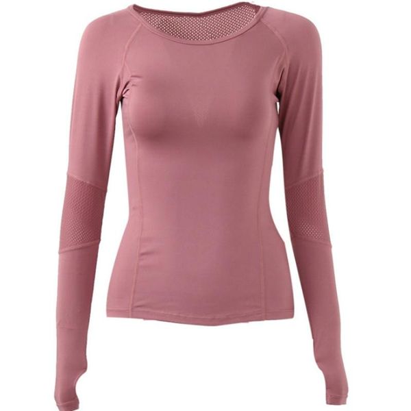 

yoga outfits breathable mesh back women sport shirts solid color high elastic gym running long sleeve fitness tshirts, White;red