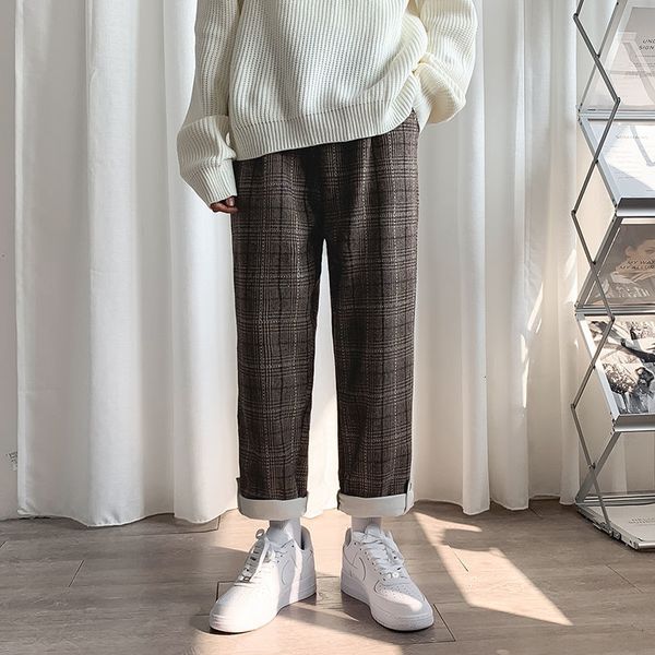 

2021 new winter plus veet men's fashion retro casual plaid men streetwear style straight wide leg pants mens rhnp, Black