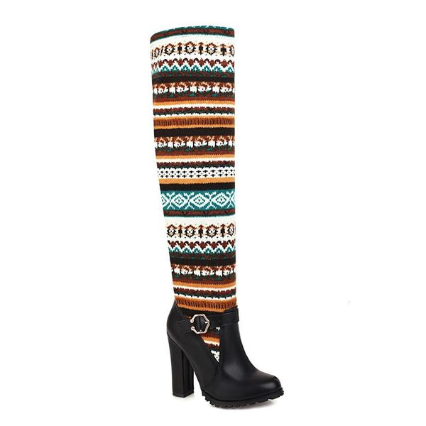 

ethnic style wool wool, plutonium couture, heels on the knee, super high-heeled teddy boots with standard high heels, knitted 274w, Black