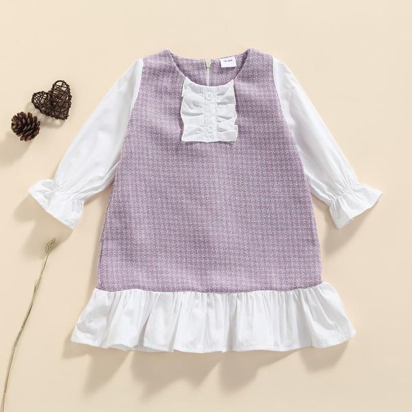 

girl's dresses children fake two-piece midi dress, girls plaid print long sleeve o-neck ruffle hem dress for spring, fall vestidos, Red;yellow