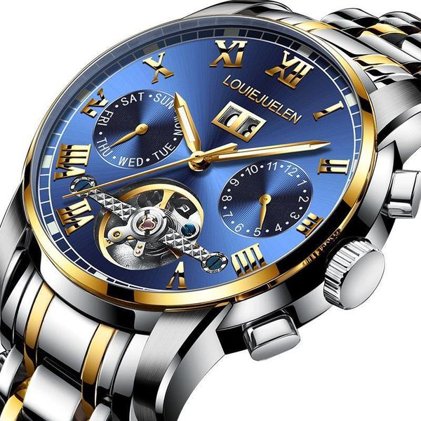 

wristwatches skeleton tourbillon wrist watch men calendar automatic mechanical sport watches waterproof luxury male clock relogio masculino, Slivery;brown