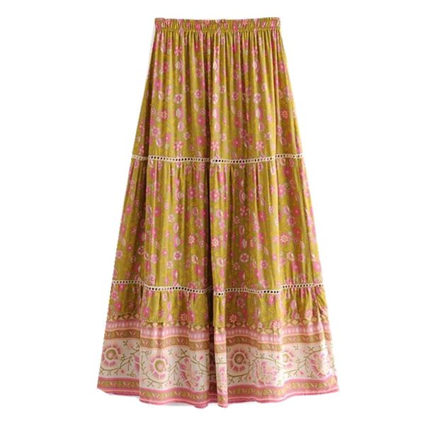 

bohemian yellow floral print long skirt boho holiday women stitching hole lace ruffles lacing up stream waist maxi long skirts, Red
